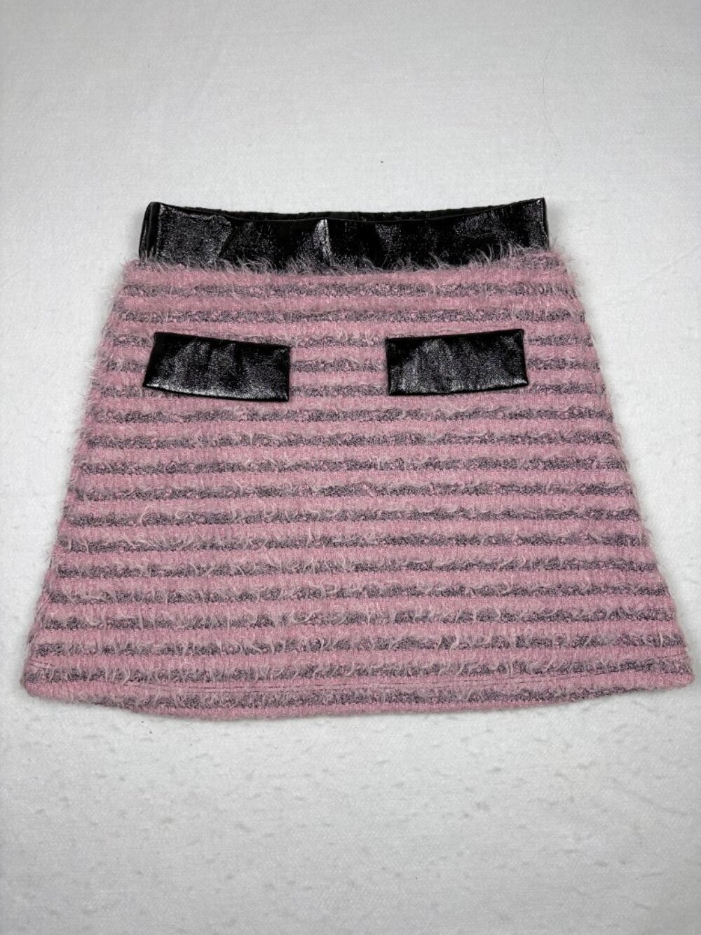 KIDPIK Pink Eyelash Fuzzy Knit Striped Mini Skirt Faux Leather Coquette Y2K 10 M